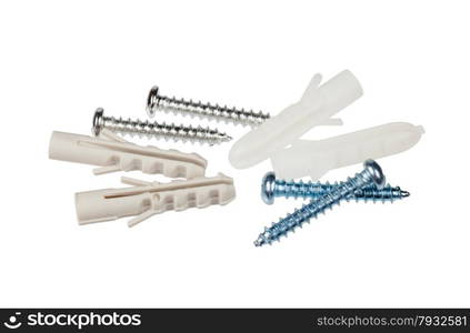 Fixing kit screws and dowels isolated on white background