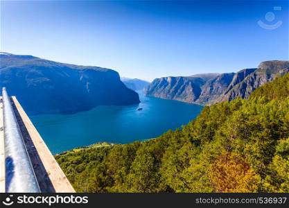 Fjord Aurlandsfjord landscape from Stegastein viewpoint, Norway Scandinavia. Tourism vacation and travel.. Fjord at Stegastein viewpoint Norway