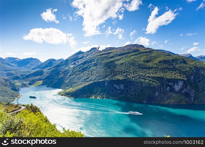 Fjord Geirangerfjord with cruise ships, Norway. Travel cruising.. Fjord Geirangerfjord with cruise ships, Norway.