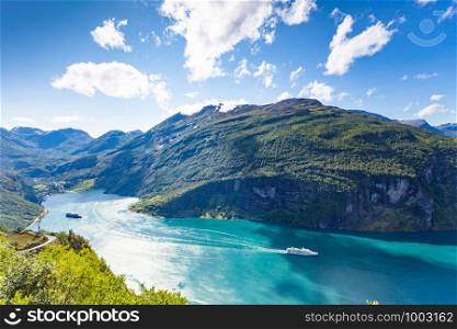 Fjord Geirangerfjord with cruise ships, Norway. Travel cruising.. Fjord Geirangerfjord with cruise ships, Norway.