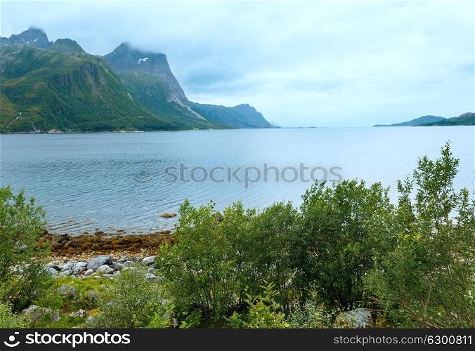 Fjord summer cloudy view with stony beach (Norway)