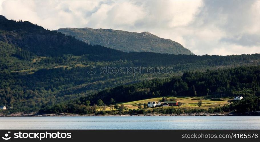 Fjord with mountain range in the background, Sognefjord, Norway
