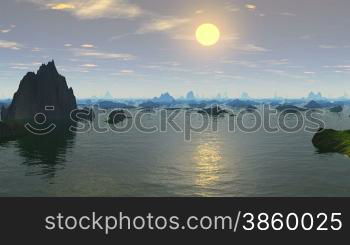 Fjords, quiet water smooth surface. Over the horizon fog. In a clear sky rare clouds. The sun leaves for the horizon.