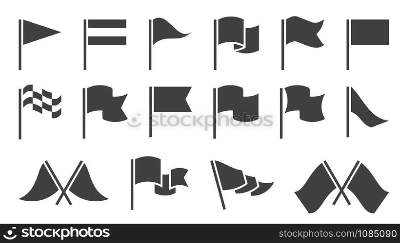 Flag icons. Black silhouette destination flags, pennant with flagpole, banners. Map location markers, start and finish symbols vector gps fluttering marking waving element set. Flag icons. Black silhouette destination flags, pennant with flagpole, banners. Map location markers, start and finish symbols vector set