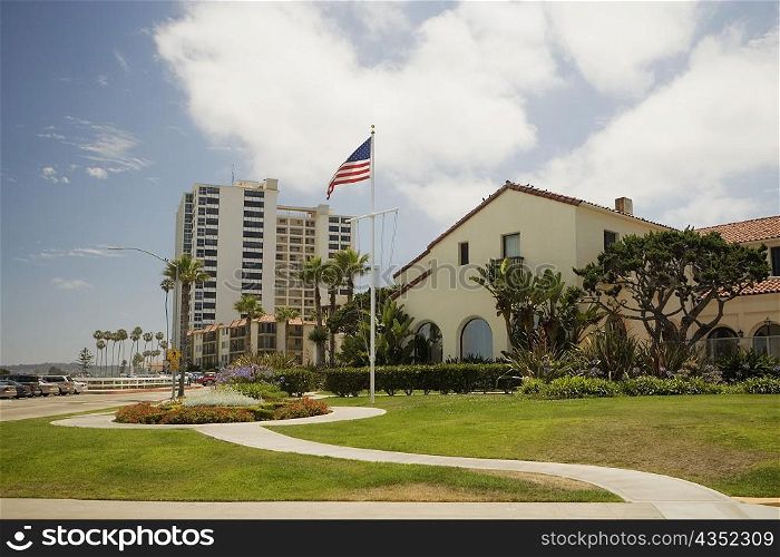 Flag in front of a building, La Jolla, San Diego, California, USA