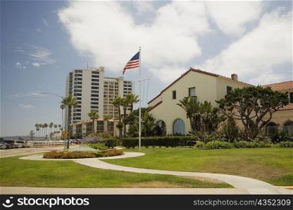 Flag in front of a building, La Jolla, San Diego, California, USA
