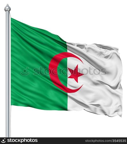 Flag of Algeria with flagpole waving in the wind against white background