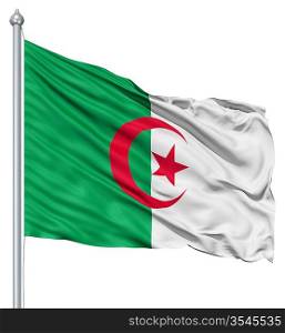 Flag of Algeria with flagpole waving in the wind against white background