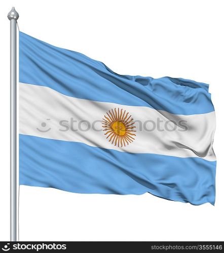 Flag of Argentina with flagpole waving in the wind against white background