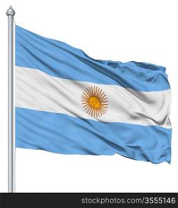Flag of Argentina with flagpole waving in the wind against white background