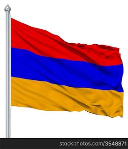 Flag of Armenia with flagpole waving in the wind against white background