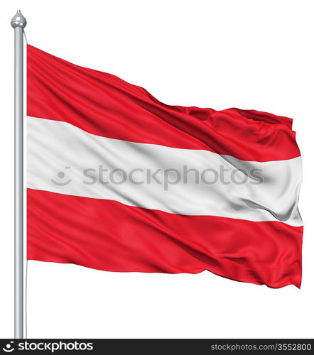 Flag of Austria with flagpole waving in the wind against white background