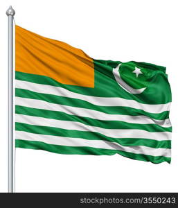 Flag of Azad Kashmir with flagpole waving in the wind against white background