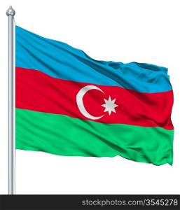 Flag of Azerbaijan with flagpole waving in the wind against white background