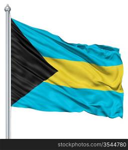 Flag of Bahamas with flagpole waving in the wind against white background