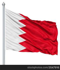 Flag of Bahrain with flagpole waving in the wind against white background