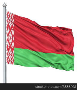 Flag of Belarus with flagpole waving in the wind against white background