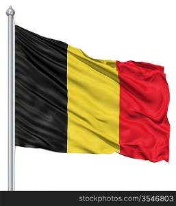 Flag of Belgium with flagpole waving in the wind against white background