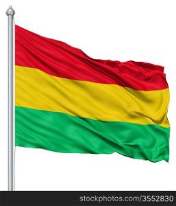 Flag of Bolivia with flagpole waving in the wind against white background