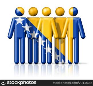 Flag of Bosnia and Herzegovina on stick figure - national and social community symbol 3D icon. Flag of Bosnia and Herzegovina on stick figure
