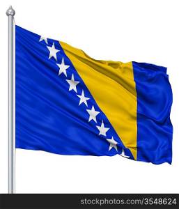 Flag of Bosnia and Herzegovina with flagpole waving in the wind against white background