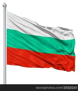 Flag of Bulgaria with flagpole waving in the wind against white background