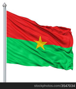 Flag of Burkina Faso with flagpole waving in the wind against white background