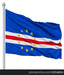 Flag of Cape Verde with flagpole waving in the wind against white background