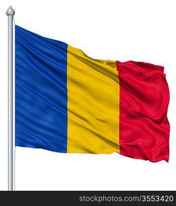 Flag of Chad with flagpole waving in the wind against white background