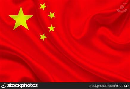 Flag of China country on wavy silk fabric background panorama - illustration. Flag of China country on wavy silk fabric background panorama