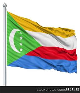 Flag of Comoros with flagpole waving in the wind against white background