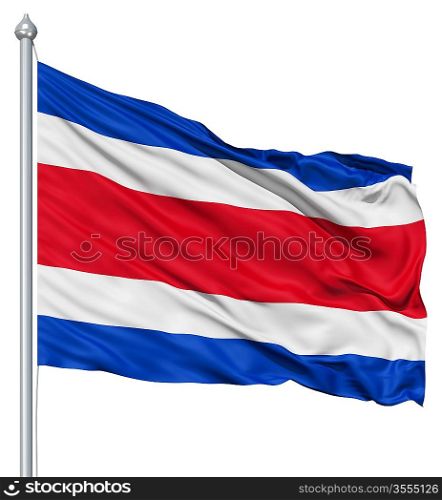 Flag of Costa Rica with flagpole waving in the wind against white background