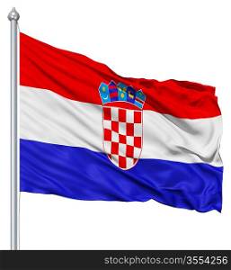 Flag of Croatia with flagpole waving in the wind against white background