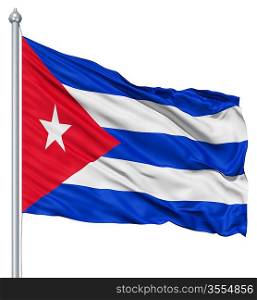 Flag of Cuba with flagpole waving in the wind against white background