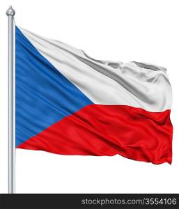 Flag of Czech Republic with flagpole waving in the wind against white background