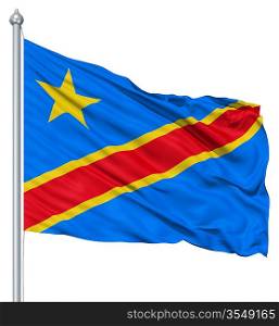 Flag of Democratic Republic of the Congo with flagpole waving in the wind against white background