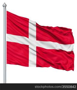 Flag of Denmark with flagpole waving in the wind against white background