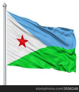 Flag of Djibouti with flagpole waving in the wind against white background