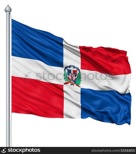 Flag of Dominican Republic with flagpole waving in the wind against white background