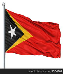Flag of East Timor with flagpole waving in the wind against white background