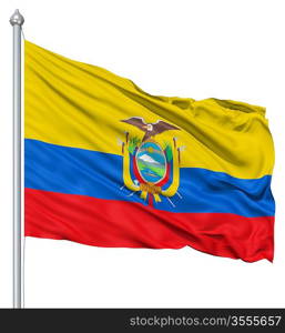 Flag of Ecuador with flagpole waving in the wind against white background