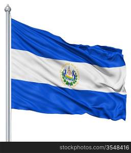 Flag of El Salvador with flagpole waving in the wind against white background
