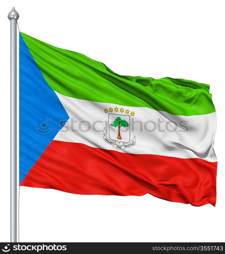 Flag of Equatorial Guinea with flagpole waving in the wind against white background