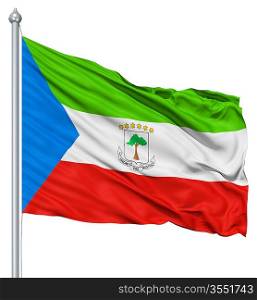 Flag of Equatorial Guinea with flagpole waving in the wind against white background