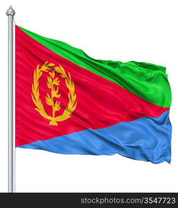 Flag of Eritrea with flagpole waving in the wind against white background