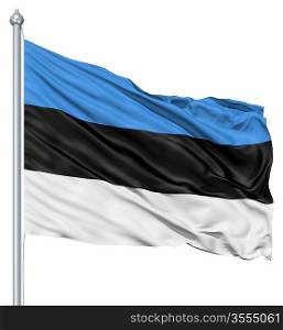 Flag of Estonia with flagpole waving in the wind against white background