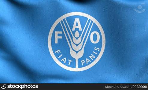 Flag of FAO or Food and Agriculture Organization of the United Nations. 3D rendering illustration of waving sign symbol.