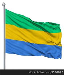 Flag of Gabon with flagpole waving in the wind against white background