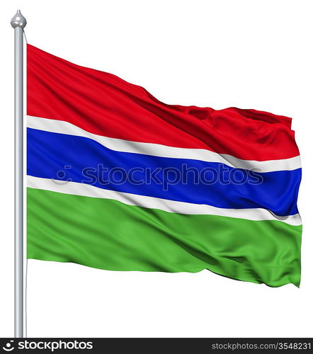 Flag of Gambia with flagpole waving in the wind against white background