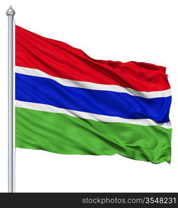Flag of Gambia with flagpole waving in the wind against white background
